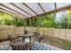 A view of the pergola covered patio in the fenced backyard at 1402 W Lakewood Ave, Durham, NC 27707