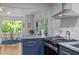 Charming eat-in kitchen featuring white subway tile, stainless hood, and dining space with lush views at 1402 W Lakewood Ave, Durham, NC 27707