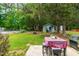 Lush backyard with a shed, outdoor seating area, and mature trees, perfect for relaxation at 149 Baldwin Dr, Durham, NC 27712