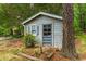 Exterior of shed featuring vertical siding, a window with shutters, a tree, and other greenery at 149 Baldwin Dr, Durham, NC 27712
