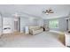 This bonus room offers neutral carpeting and a ceiling fan at 2639 Oleander Dr, Durham, NC 27703