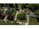 Aerial view of a charming home with a stone patio, surrounded by a lush green lawn and mature trees at 2715 Freemont Rd, Durham, NC 27705