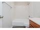 Bright bathroom with white tiled shower and modern fixtures at 4602 Millstone Dr # C, Raleigh, NC 27604