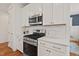 A well-lit kitchen features stainless steel appliances, white cabinets and countertops, and a stylish backsplash at 563 Great Ridge Parkway, Chapel Hill, NC 27516