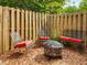 Backyard featuring a wooden fence, metal furniture, and a fire pit at 6718 Twin Tree Ct, Raleigh, NC 27613
