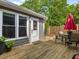Backyard deck with outdoor dining area with an umbrella for shade at 6718 Twin Tree Ct, Raleigh, NC 27613