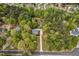 Aerial view showcasing the home in a wooded area, with backyard storage building at 817 S Creek Dr, Nashville, NC 27856