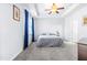 Serene main bedroom with tray ceiling, plush carpeting, and elegant blue curtains for a tranquil retreat at 8525 Holdenby Trl, Raleigh, NC 27616
