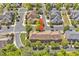 Overhead aerial of landscaped community of townhomes with mature trees at 110 Tressel Way, Durham, NC 27707