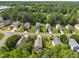 Overhead shot of homes with well-kept lawns in a peaceful suburban neighborhood surrounded by trees at 1198 Shining Water Ln, Creedmoor, NC 27522
