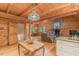 Open-concept space with wood accents, a stone fireplace, and modern kitchen area at 169 Country Brooke Lane Ln, Roxboro, NC 27574
