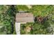 Aerial shot presenting a well-kept home with a quaint backyard and mature trees shading the property, creating a serene environment at 1800 Tarbert Dr, Cary, NC 27511