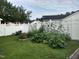 Backyard features a green lawn and a thriving garden with a white fence at 210 Millet Dr, Morrisville, NC 27560