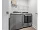 Functional laundry room with modern washer and dryer units, wire rack shelving, and neutral wall color at 233 Berg St, Smithfield, NC 27577