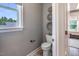 A powder room next to a window includes a toilet and decorative wall art at 269 Ivy Ridge Rd, Chapel Hill, NC 27516