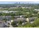 An aerial view of a residential community surrounded by lush greenery with a city skyline in the background at 2821 Wilshire Hill Dr # 111, Raleigh, NC 27604