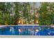 Outdoor pool with tanning ledge, surrounded by mature trees and landscaping, and fire bowls at 325 Forest Bridge Rd, Youngsville, NC 27596