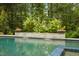 Luxury backyard pool with travertine decking, fire bowls, lush landscaping, and a wooded backdrop at 325 Forest Bridge Rd, Youngsville, NC 27596