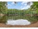 Scenic view of a peaceful pond surrounded by lush trees, creating a serene setting at 3909 Inland Ct, Raleigh, NC 27606