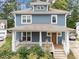 Charming two-story home featuring a welcoming front porch, blue siding, and manicured landscaping at 408 Jerome Rd, Durham, NC 27713