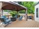 Relax on the covered deck with outdoor seating or soak in the hot tub in this backyard at 4704 Lancashire Dr, Raleigh, NC 27613