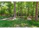 Tranquil backyard area with a grassy lawn, garden beds and a surrounding forest at 7212 Donneeford Rd, Wake Forest, NC 27587