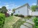 Backyard with a small lawn, lush landscaping, and a charming stone walkway leading through the yard at 915 Edgewater Cir, Chapel Hill, NC 27516