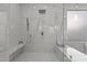 Elegant bathroom featuring a glass shower, dual shower heads, and built-in benches at 949 Harrison Ridge Rd, Wake Forest, NC 27587