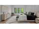 Sunlit bedroom with three large windows, a tray with mugs on the bed, and a seating area at 949 Harrison Ridge Rd, Wake Forest, NC 27587