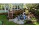 Expansive backyard with a fire pit, stone patio, lush lawn, and well-maintained deck, offering a perfect blend of comfort and nature at 101 Worsham Dr, Chapel Hill, NC 27516