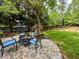 Charming backyard featuring a stone patio with a fire pit, seating, and a lush lawn, ideal for outdoor gatherings at 101 Worsham Dr, Chapel Hill, NC 27516