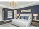 Lovely bedroom featuring a navy accent wall, plush bedding, and recessed lighting at 1601 Garden Park Cir, Fuquay Varina, NC 27526