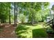 Scenic backyard with a lush lawn, mature trees, and a wooden fence at 216 Billingrath Turn Ln, Cary, NC 27519