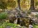 A custom-designed water feature offers a serene retreat, with a rocky waterfall flowing into a backyard pond at 2581 Green Valley Blvd, Burlington, NC 27217