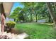 Spacious backyard with lush lawn, mature trees, and detached garage at 2709 Farthing St, Durham, NC 27704