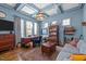 Well-lit office with hardwood floors, coffered ceiling, custom desk, and a comfortable sitting area at 2908 Stubble Field Dr, Raleigh, NC 27613