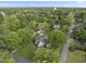 Aerial view showcases a charming brick home nestled amongst the lush greenery of surrounding trees at 406 N Wakefield St, Zebulon, NC 27597