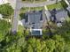 Aerial view of the meticulously landscaped property featuring a pool, and lush greenery at 4139 Rockingham Dr, Raleigh, NC 27609