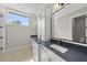 Modern bathroom with a double vanity, dark countertops, and sleek fixtures at 4139 Rockingham Dr, Raleigh, NC 27609