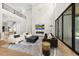 Bright living room with marble fireplace, modern furnishings, and sliding glass doors to blend indoor and outdoor living at 4139 Rockingham Dr, Raleigh, NC 27609