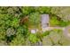 Overhead view of a house nestled among trees with a spacious yard, long driveway, and separate shed at 5632 Falkirk Dr, Durham, NC 27712