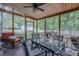 Relaxing screened porch with ceiling fan, string lights, and view of back yard at 5632 Falkirk Dr, Durham, NC 27712