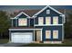 Two-story home featuring a dark blue exterior, attached garage, and well-maintained landscaping at 721 Denburn Pl, Raleigh, NC 27603