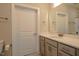 Bathroom featuring a modern vanity with quartz countertop and a large mirror above the sink at 800 Gathering Park Cir # 204, Cary, NC 27519