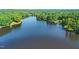 Scenic aerial view of a tranquil lake surrounded by lush greenery, showcasing the natural beauty of the landscape at 118 Chanute Cir, Louisburg, NC 27549