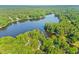 Aerial view of a lake surrounded by lush green forest, showcasing the natural beauty of the landscape at 118 Chanute Cir, Louisburg, NC 27549