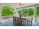 Covered porch with a dining table and chairs, perfect for enjoying meals with a lake view at 118 Duncansby Ct, Cary, NC 27511