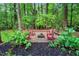 A picturesque backyard featuring a cozy fire pit with inviting Adirondack chairs, embraced by lush greenery at 121 Ladybug Ln, Chapel Hill, NC 27516