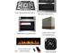 Collage of kitchen appliances featuring a stainless steel gas cooktop, built-in oven, range hood, fireplace, and thermostat at 123-125 Ottawa Dr., Louisburg, NC 27549