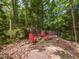 Cozy backyard firepit surrounded by red Adirondack chairs, perfect for outdoor gatherings at 204 Highlands Lake Dr. Dr, Cary, NC 27518